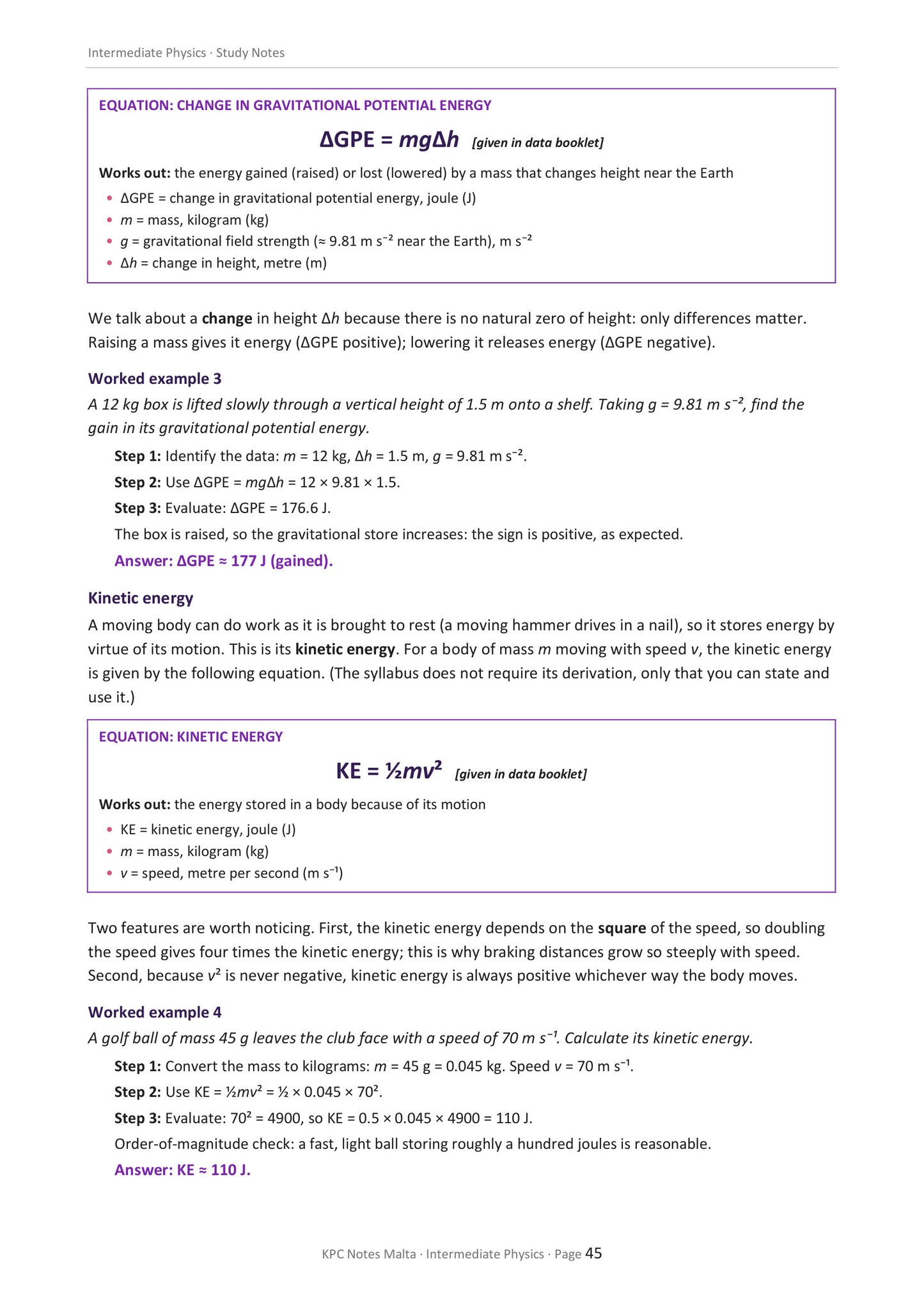 Mechanics: gravitational potential energy and kinetic energy, with worked examples (page 45)