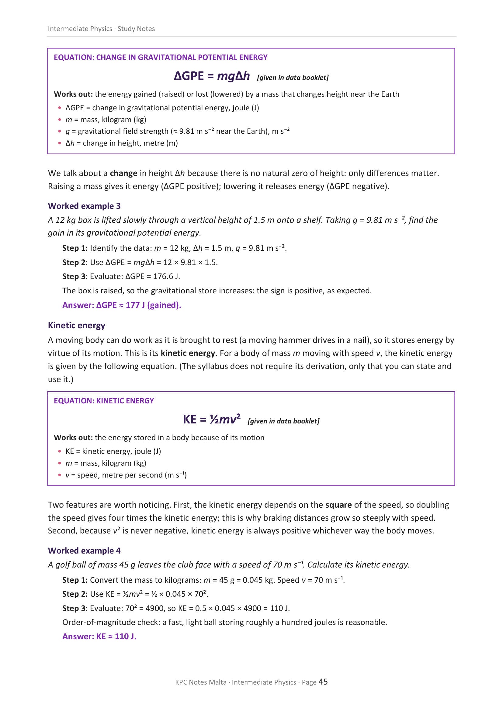 Mechanics: gravitational potential energy and kinetic energy, with worked examples (page 45)