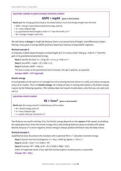 Mechanics: gravitational potential energy and kinetic energy, with worked examples (page 45)