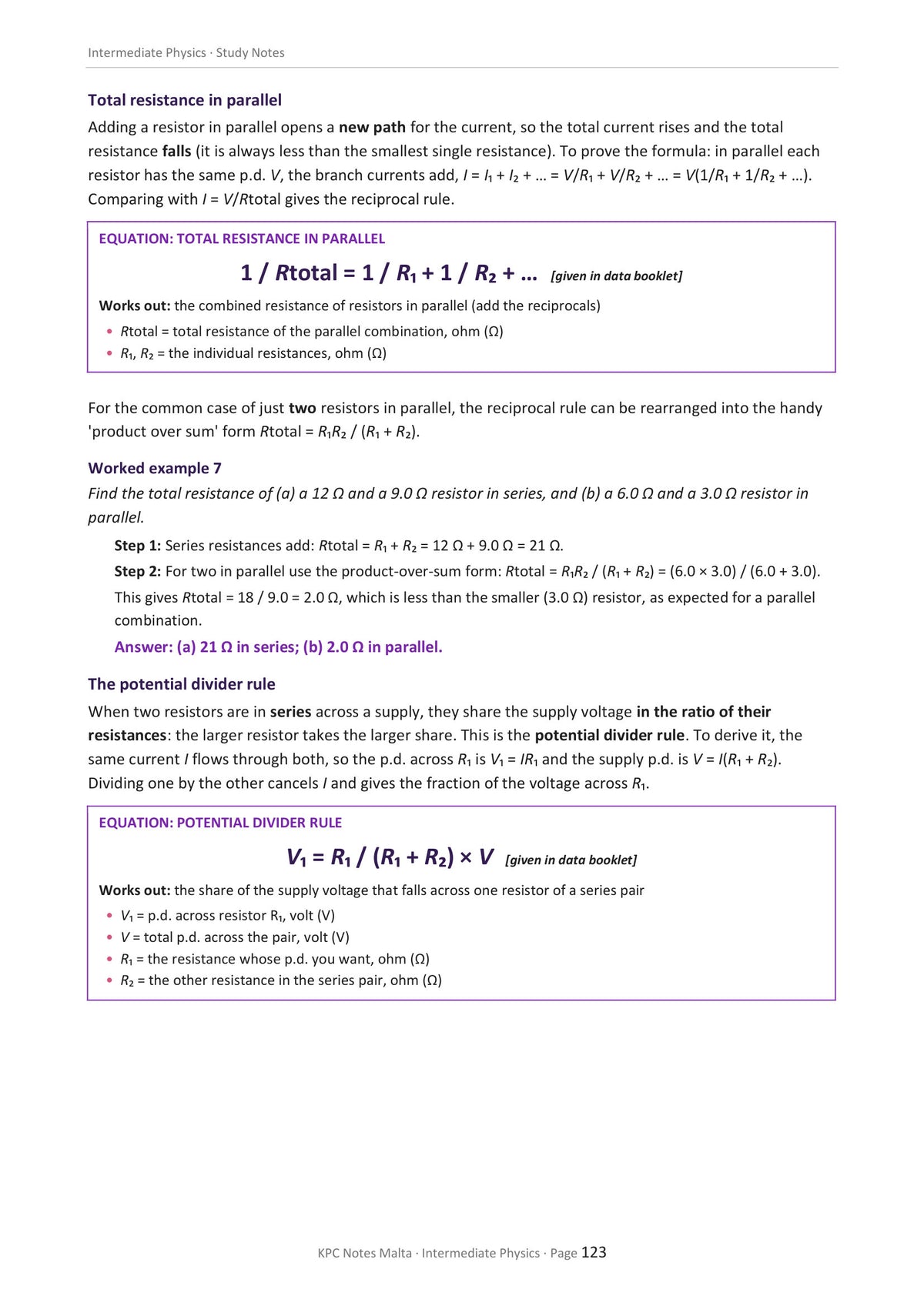 Electricity: resistors in parallel and the potential divider rule (page 123)