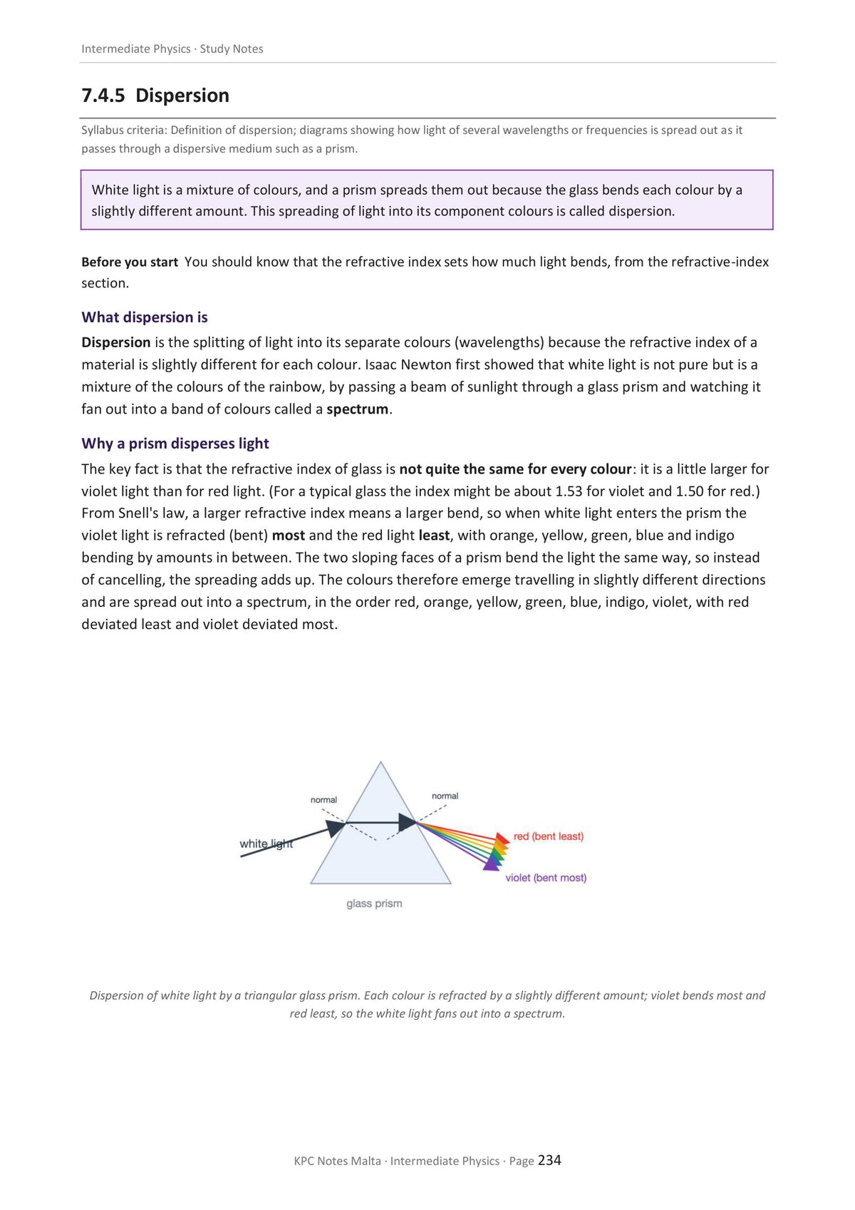 Oscillations and Waves: dispersion of white light by a prism (page 234)