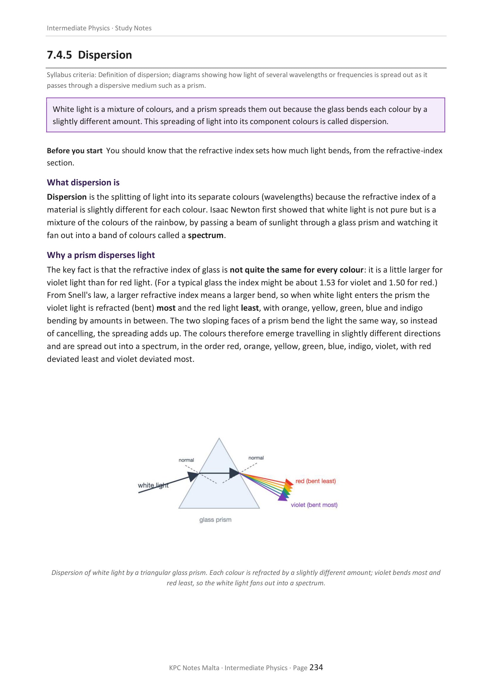 Oscillations and Waves: dispersion of white light by a prism (page 234)