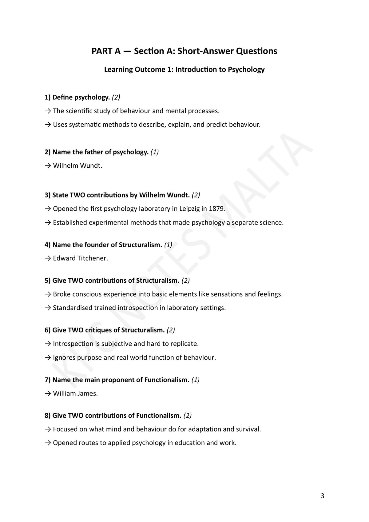 Section A: Learning Outcome 1 — short answers on the origins of psychology, with marks (page 3)