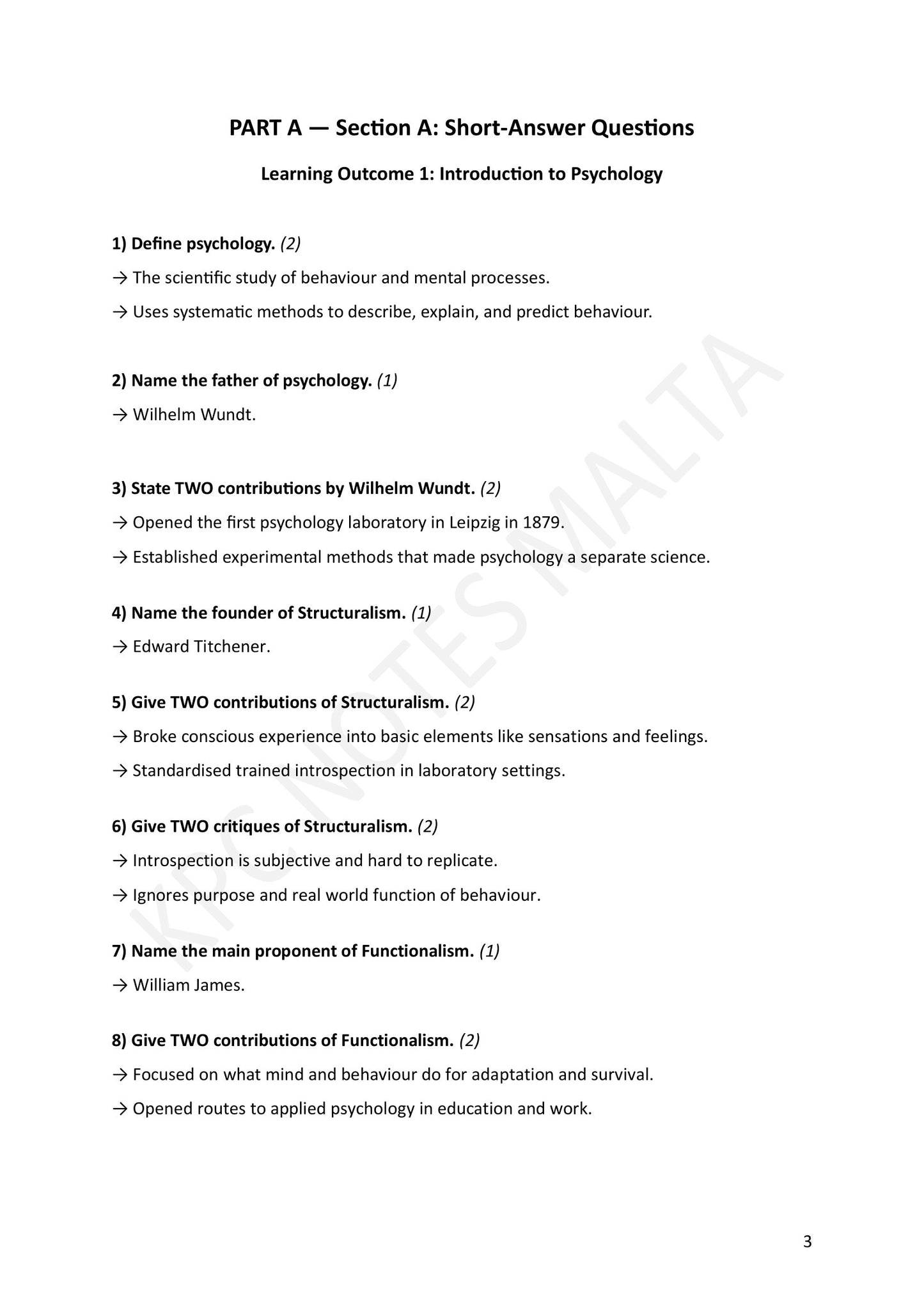 Section A: Learning Outcome 1 — short answers on the origins of psychology, with marks (page 3)