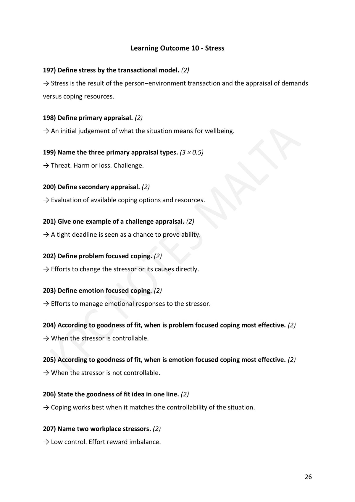Section A: Learning Outcome 10 — stress, appraisal and coping (page 26)