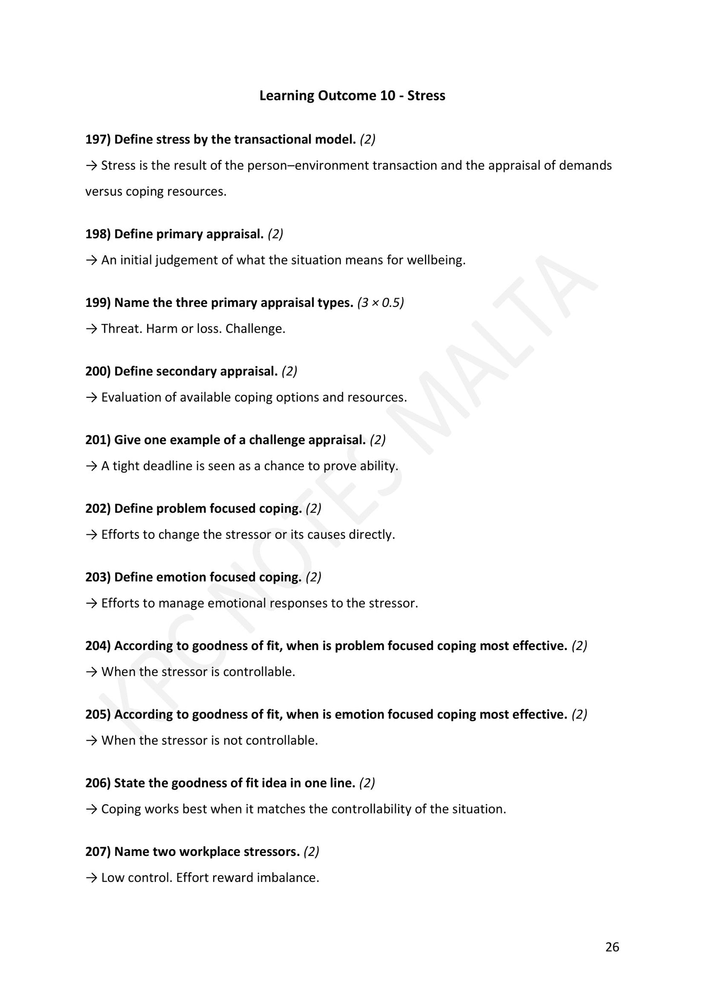 Section A: Learning Outcome 10 — stress, appraisal and coping (page 26)