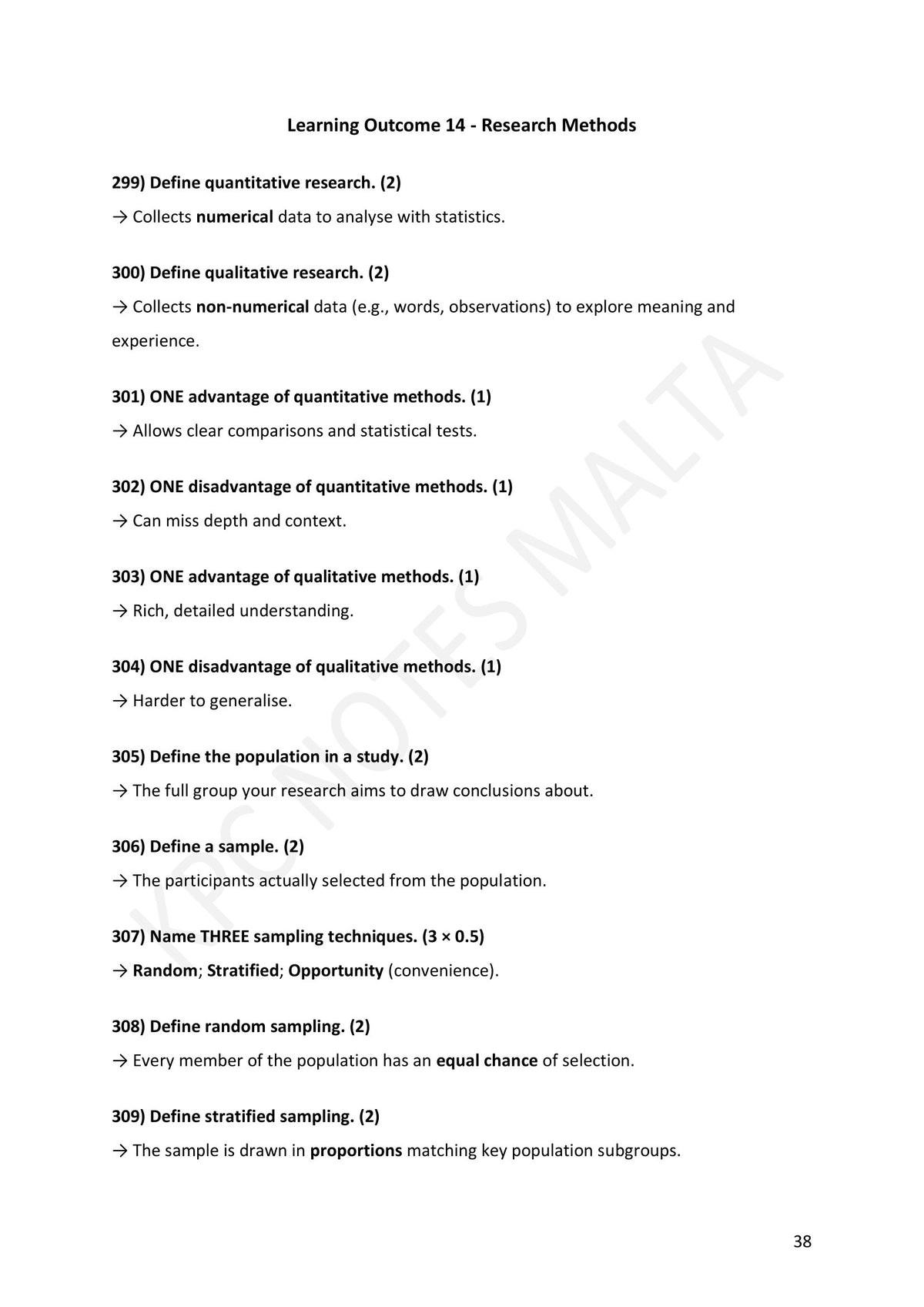 Section A: Learning Outcome 14 — research methods and sampling (page 38)