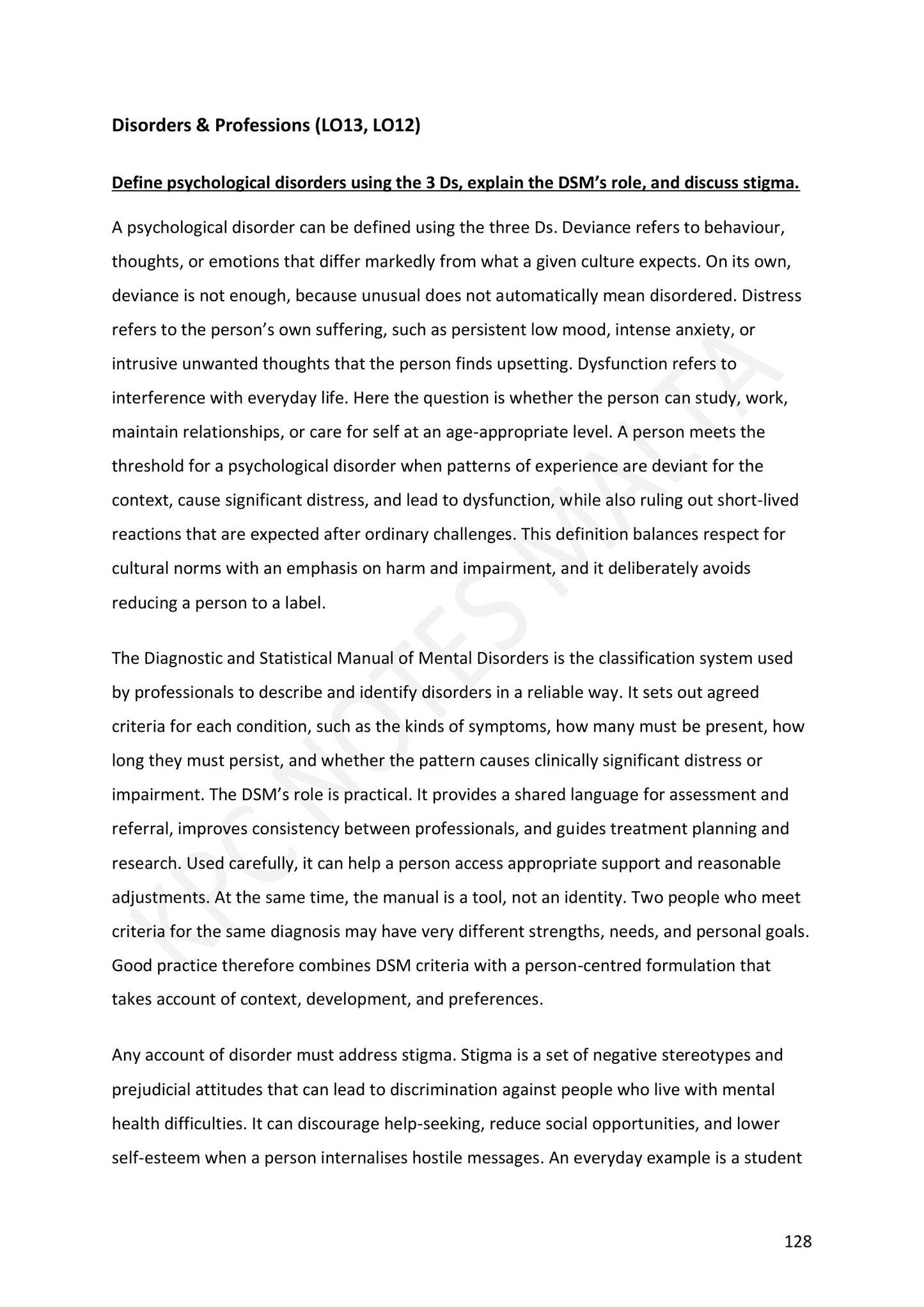 Section C: defining disorder with the three Ds, and the role of the DSM (page 128)