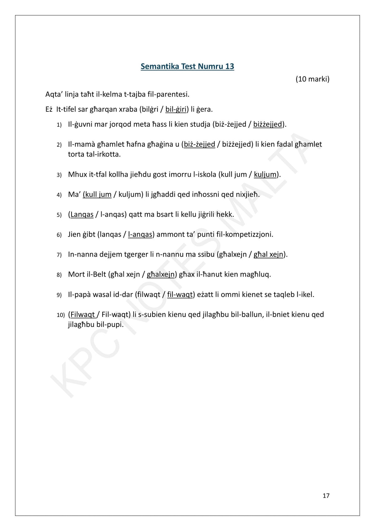 Is-Semantika: tweġibiet tat-test 13 (paġna 17)
