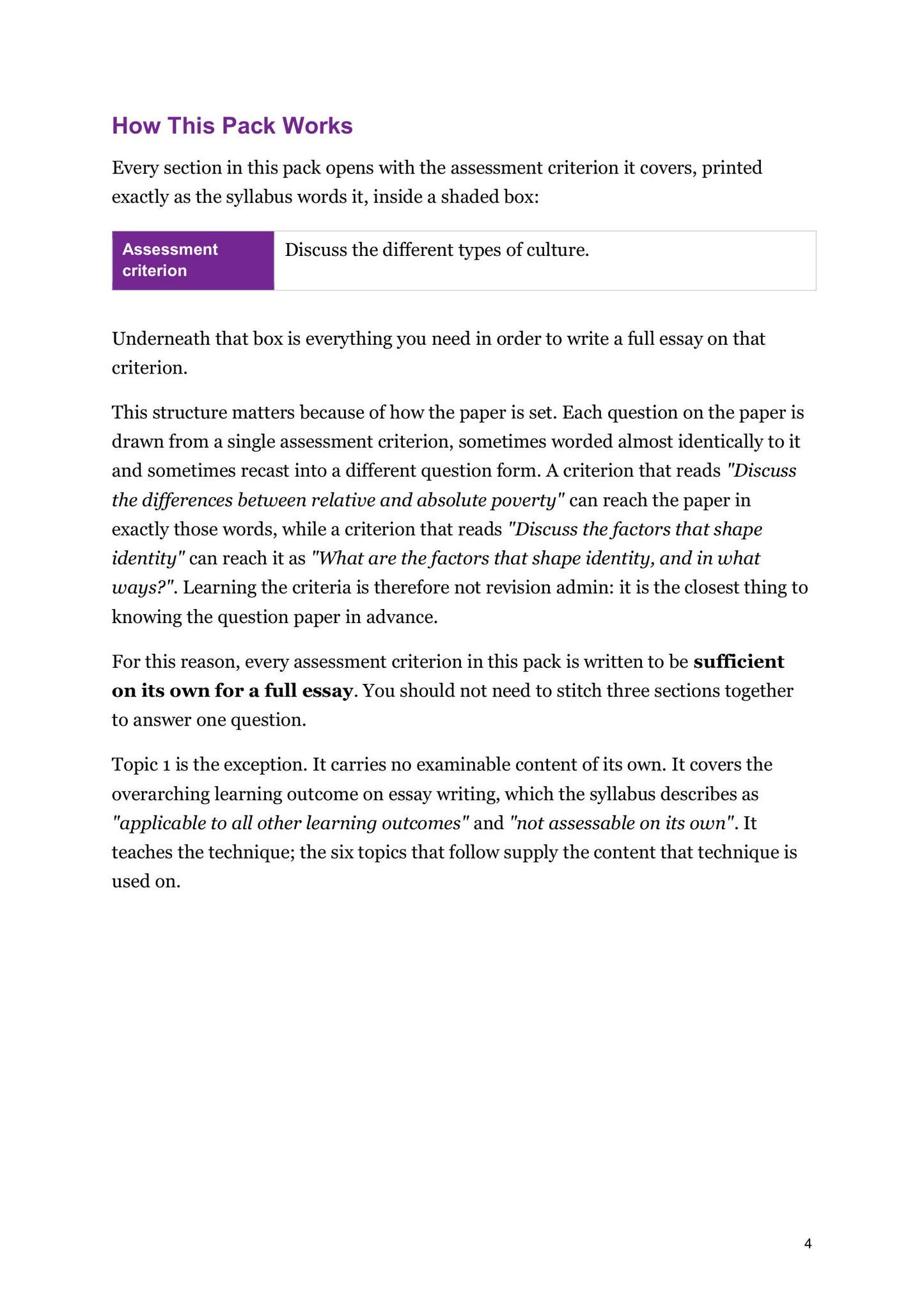 How This Pack Works: every section built around one assessment criterion (page 4)