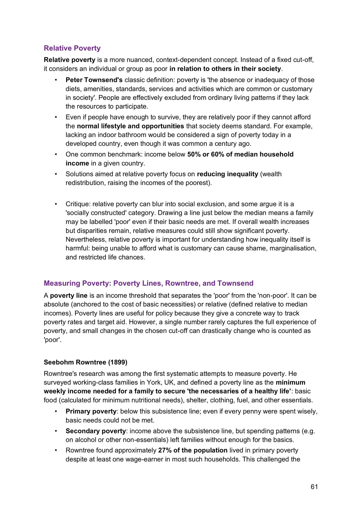 Topic 5 – Poverty, Social Exclusion and Welfare: relative poverty and Townsend (page 61)