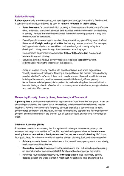 Topic 5 – Poverty, Social Exclusion and Welfare: relative poverty and Townsend (page 61)