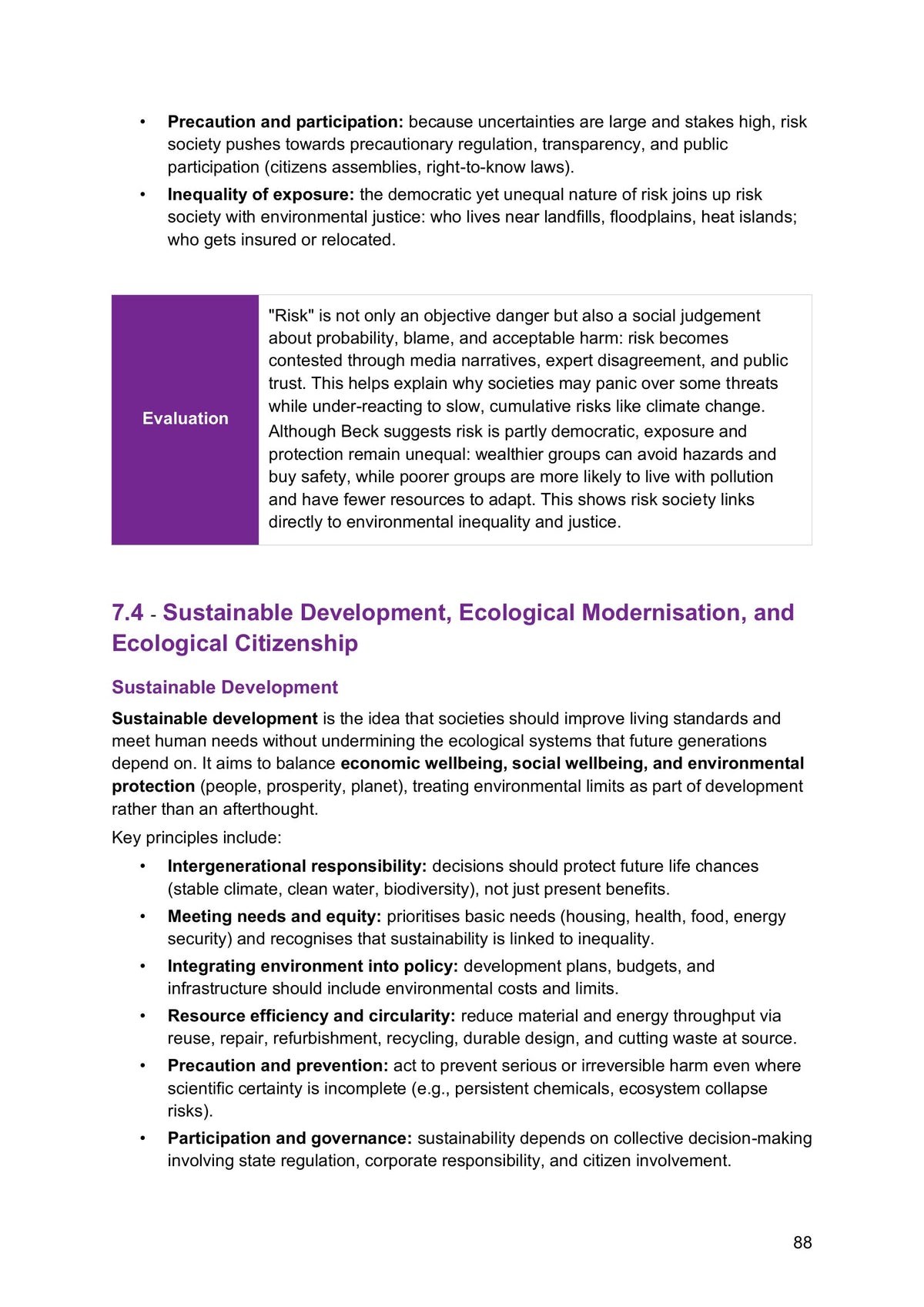 Topics 6 and 7 – Environment: risk society and sustainable development (page 88)