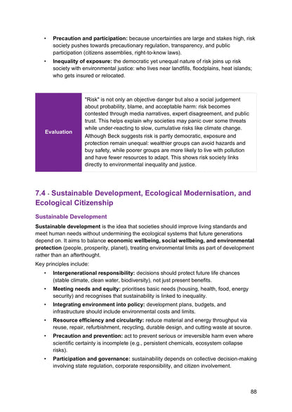 Topics 6 and 7 – Environment: risk society and sustainable development (page 88)