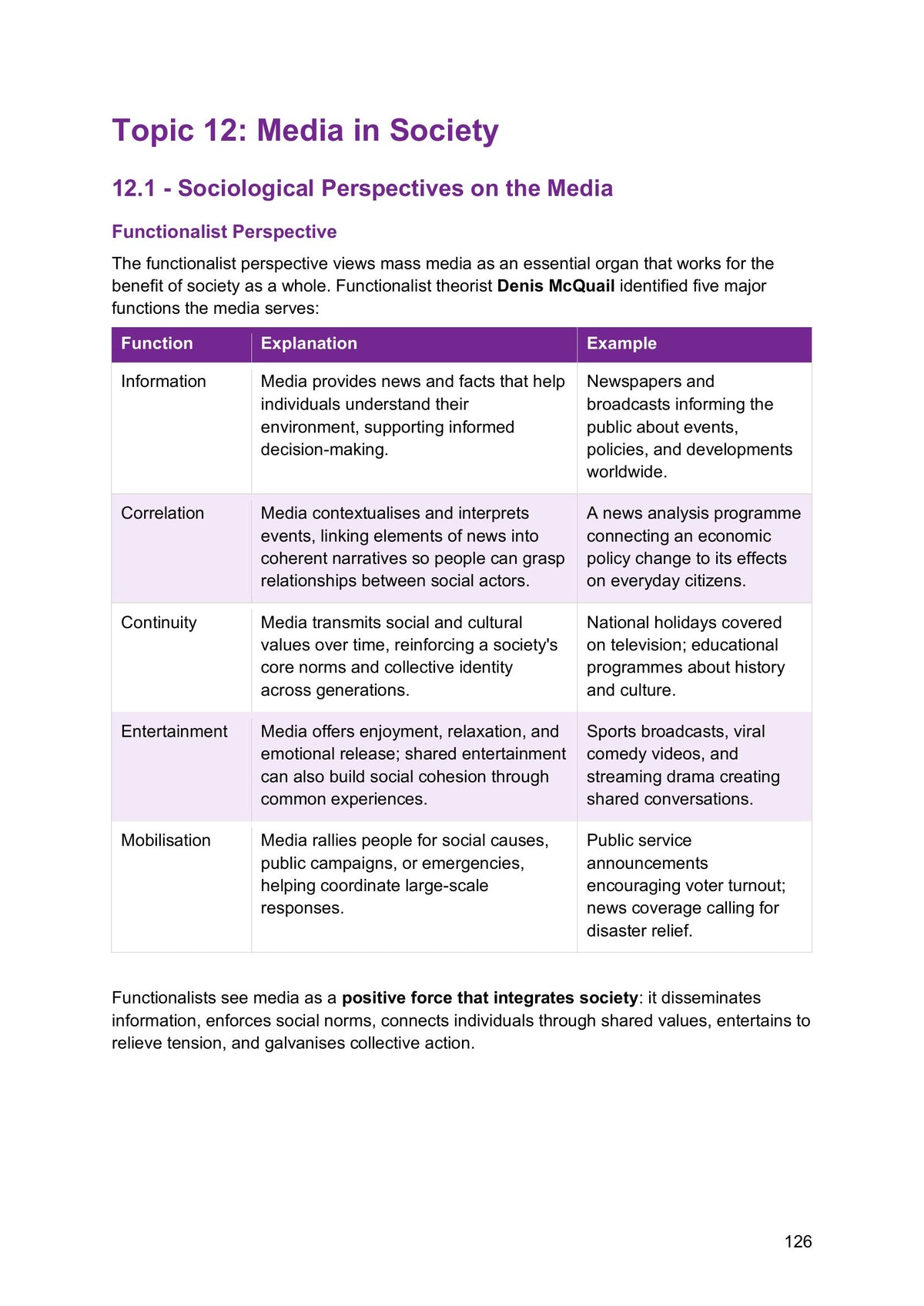 Topics 11 and 12 – Information Society and Media: functionalist perspectives on the media (page 126)
