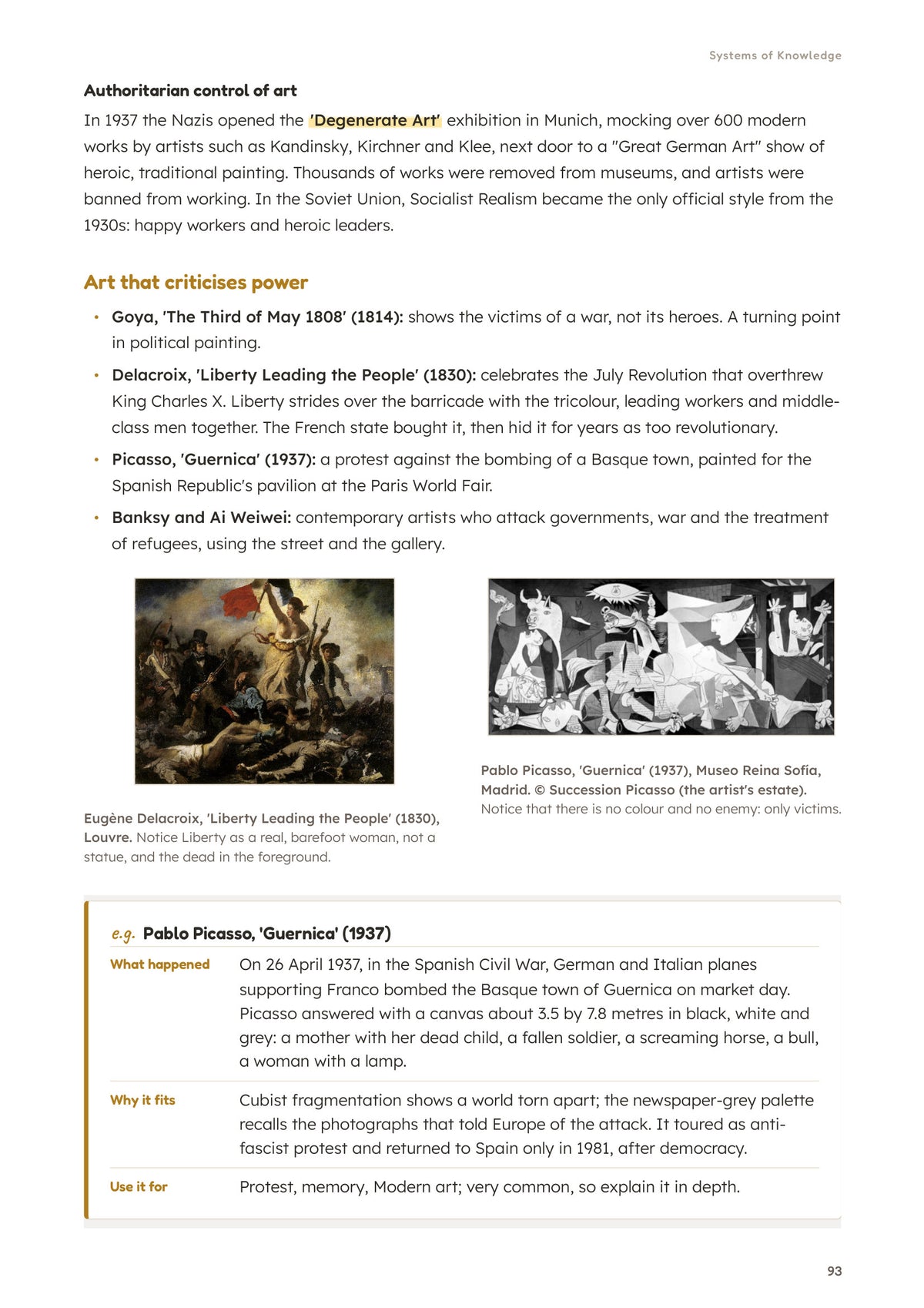 Notes: Module 2, art that criticises power, with an example card on Guernica (page 93)