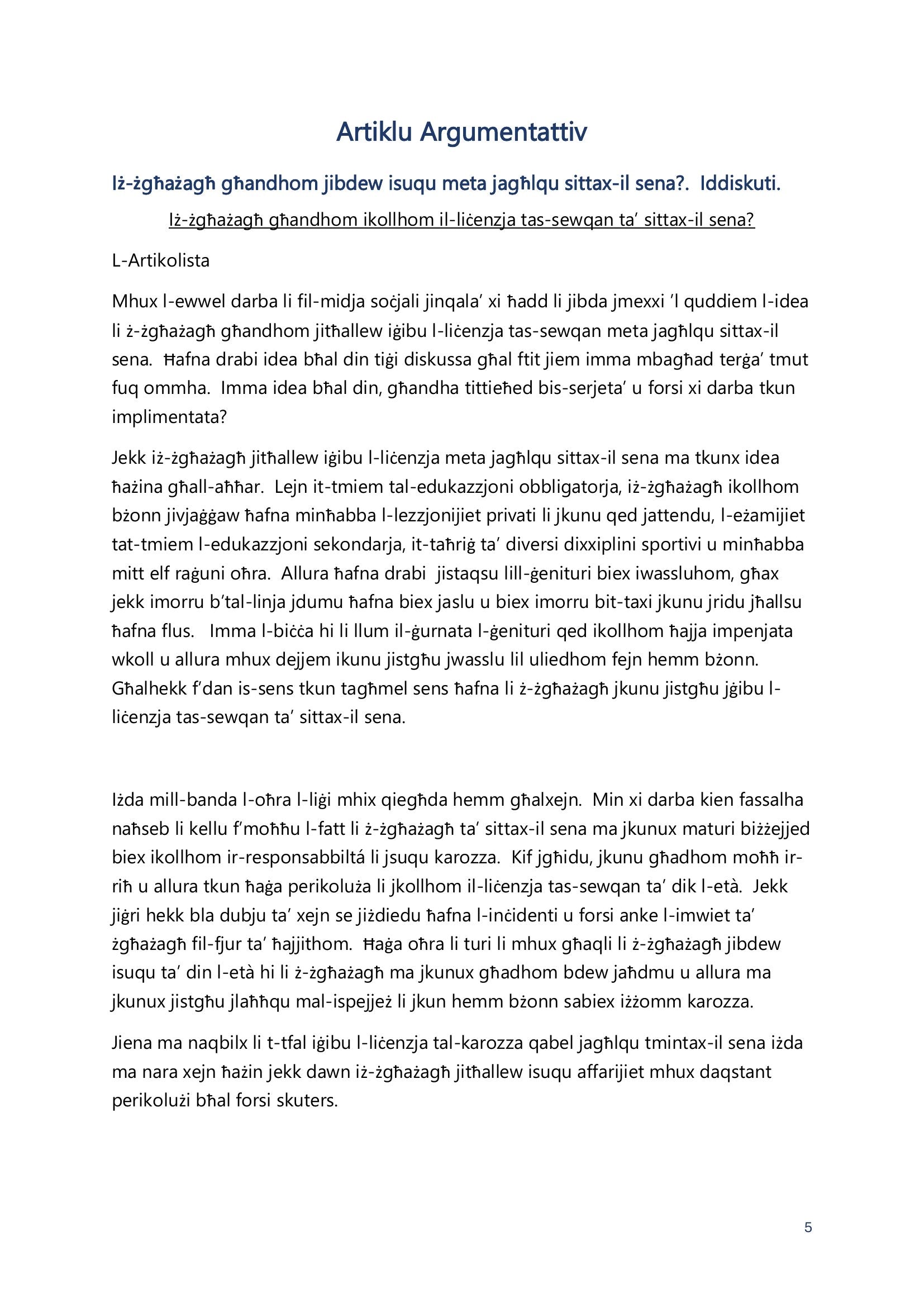 Tweġibiet: komponiment mudell għall-artiklu argumentattiv (paġna 5)