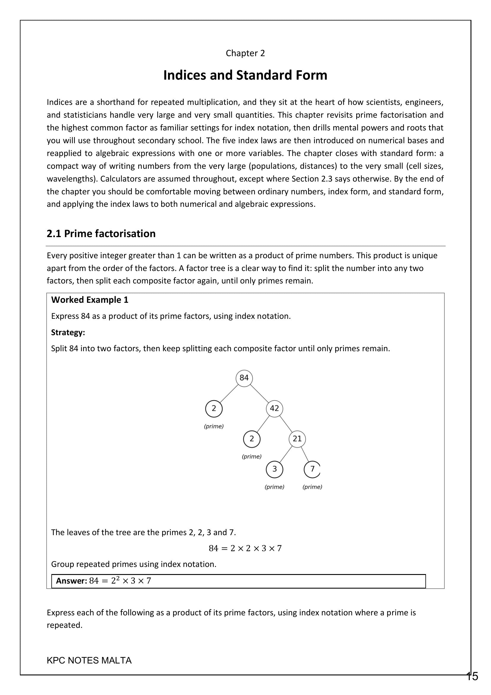 Indices and Standard Form: prime factorisation using a factor tree (page 15)