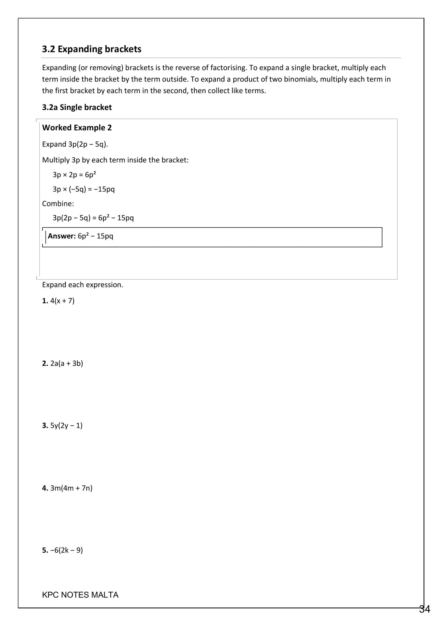 Algebra: expanding brackets, worked example followed by practice (page 34)