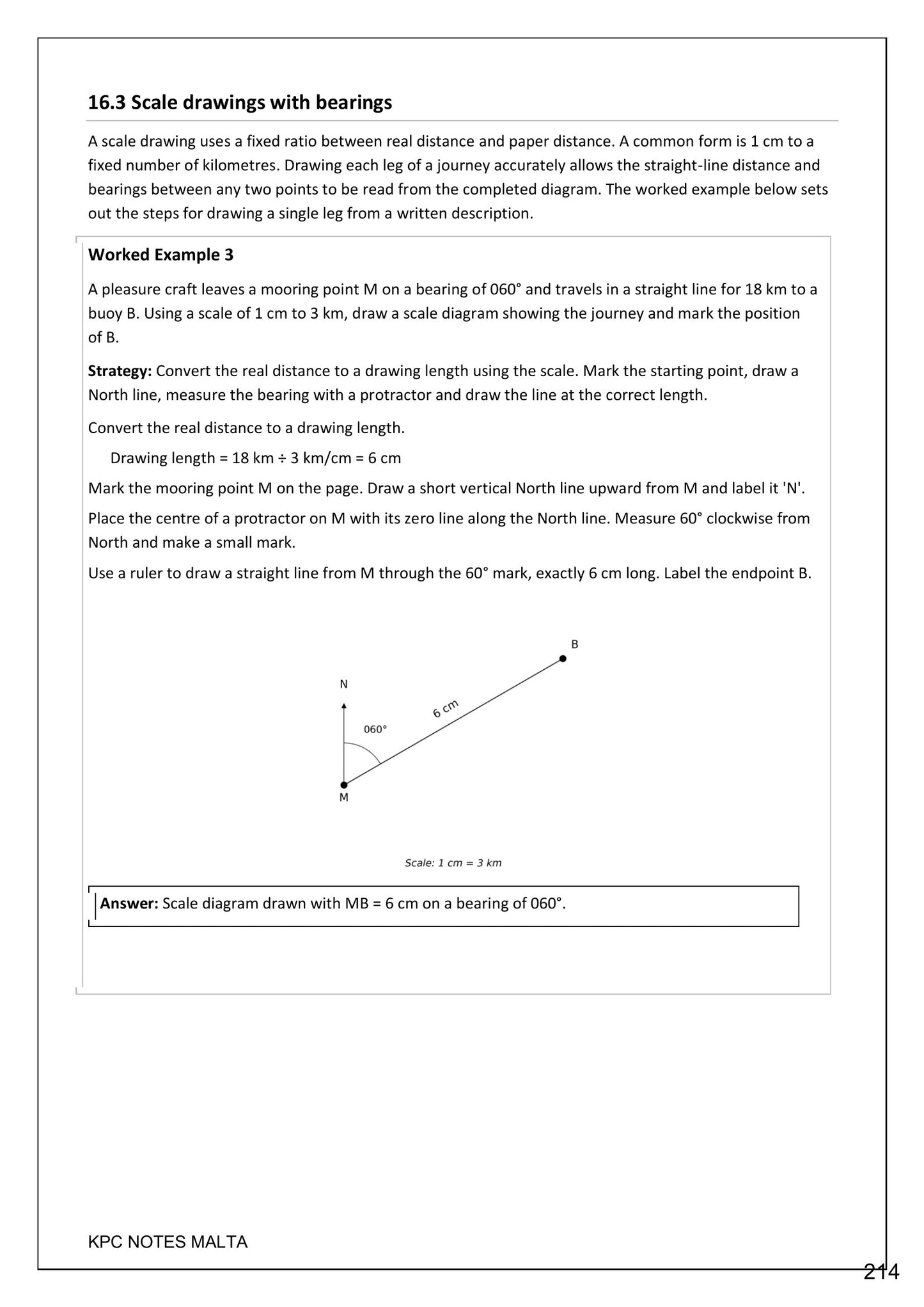 Bearings and Scale Drawings: drawing a journey leg to scale on a bearing (page 214)
