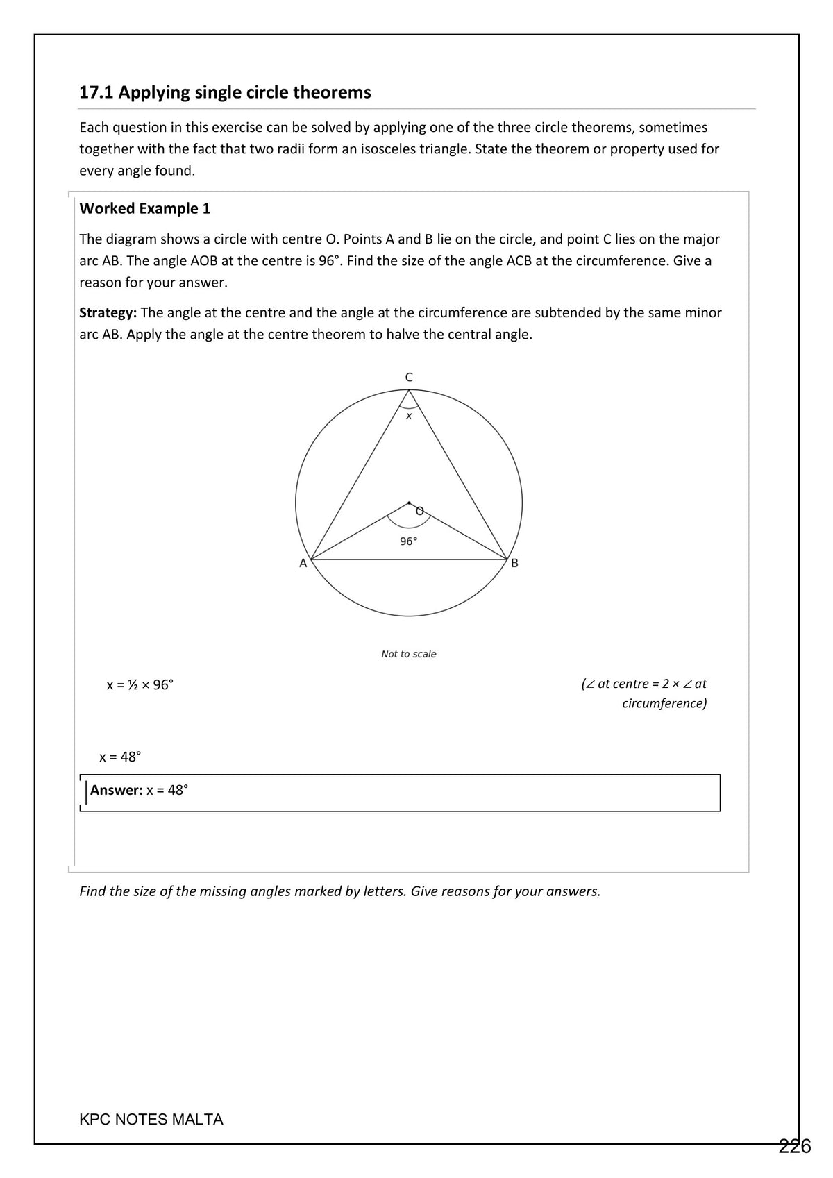 Circle Theorems: the angle at the centre theorem, with reasons required (page 226)