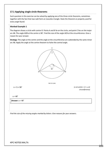 Circle Theorems: the angle at the centre theorem, with reasons required (page 226)