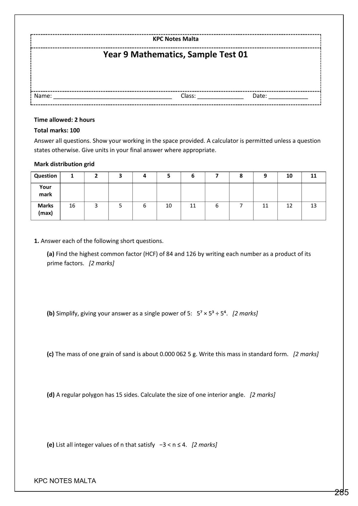 Sample Tests: Sample Test 01 opening with its mark distribution grid (page 285)