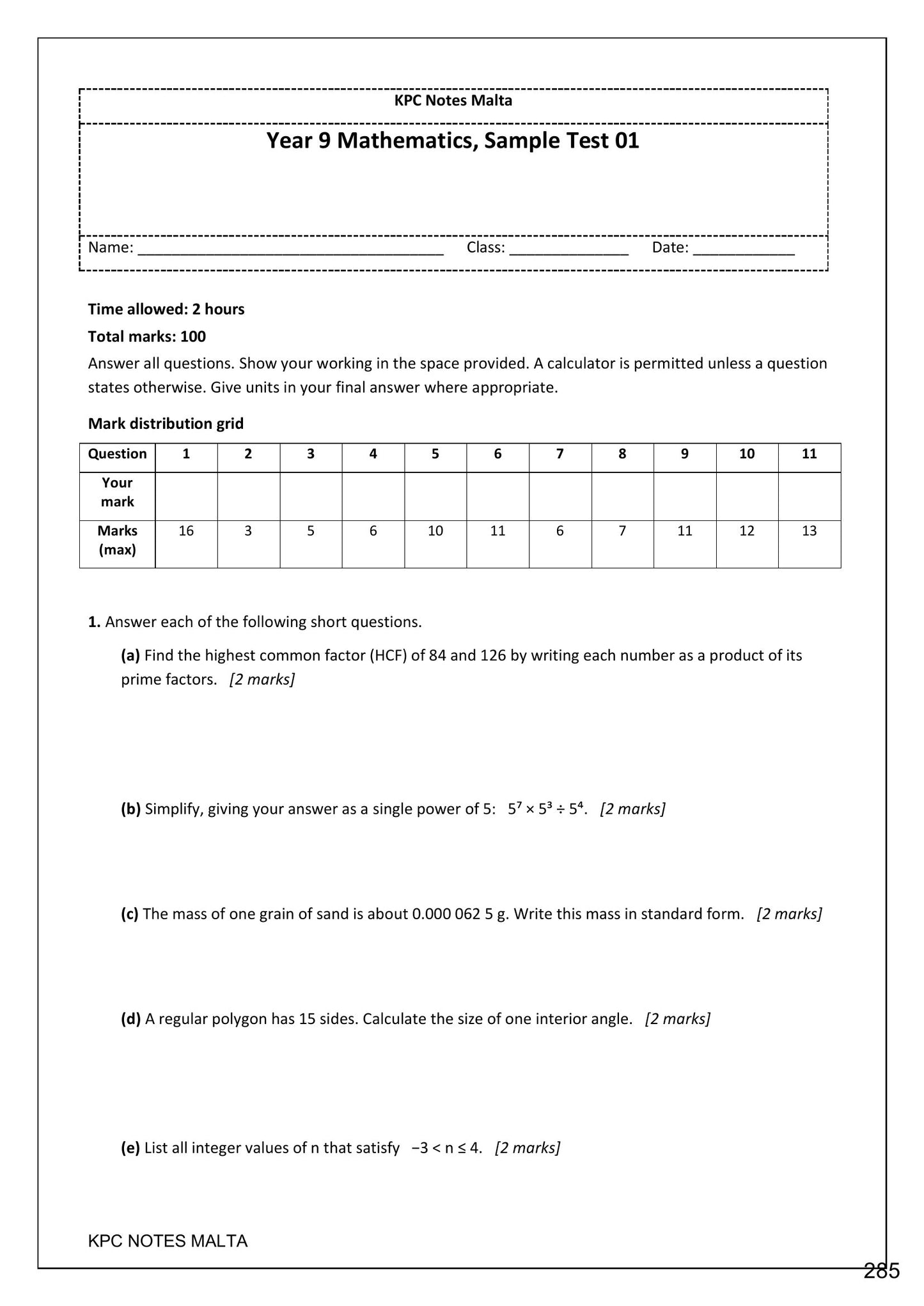 Sample Tests: Sample Test 01 opening with its mark distribution grid (page 285)