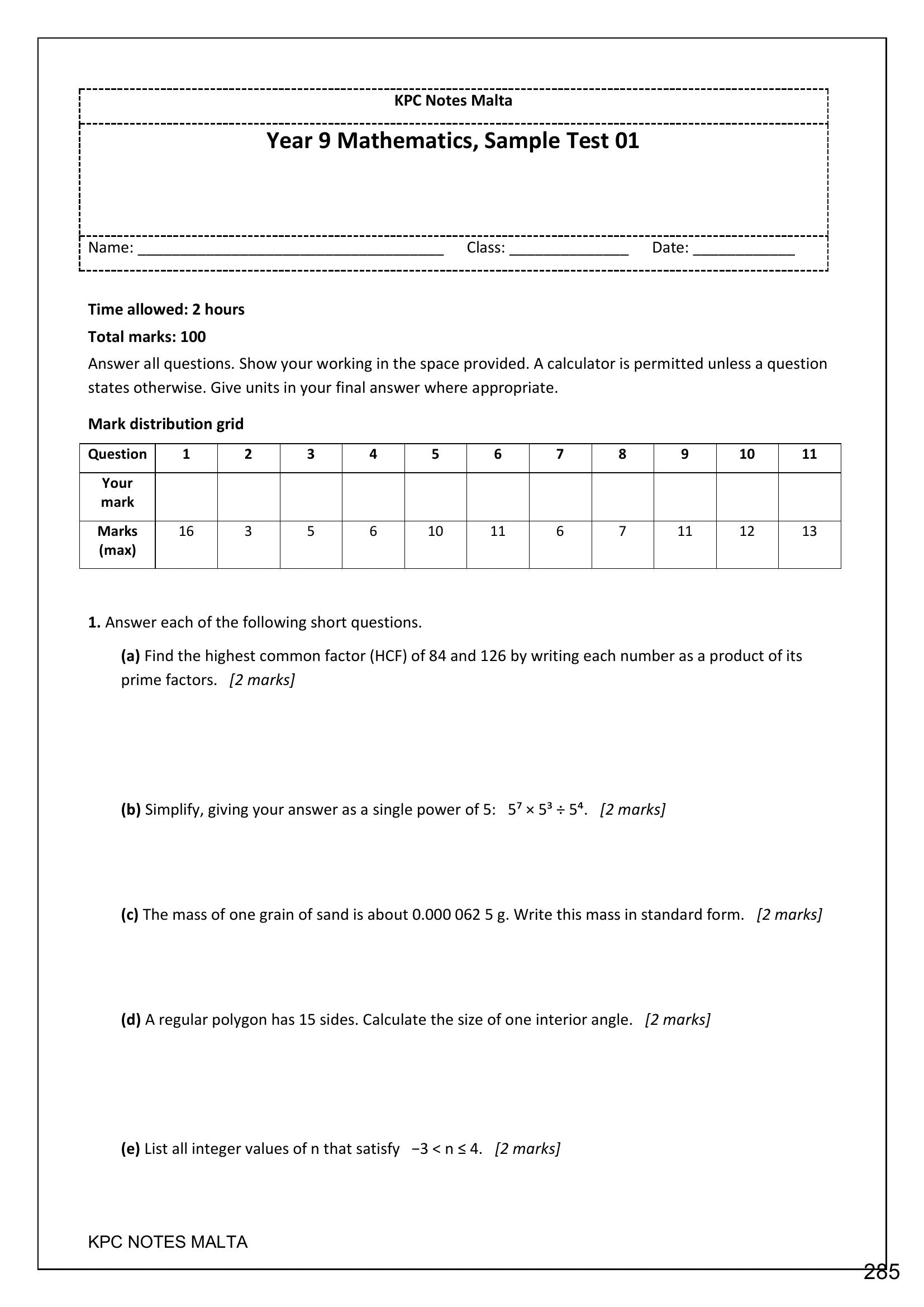 Sample Tests: Sample Test 01 opening with its mark distribution grid (page 285)