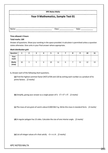 Sample Tests: Sample Test 01 opening with its mark distribution grid (page 285)