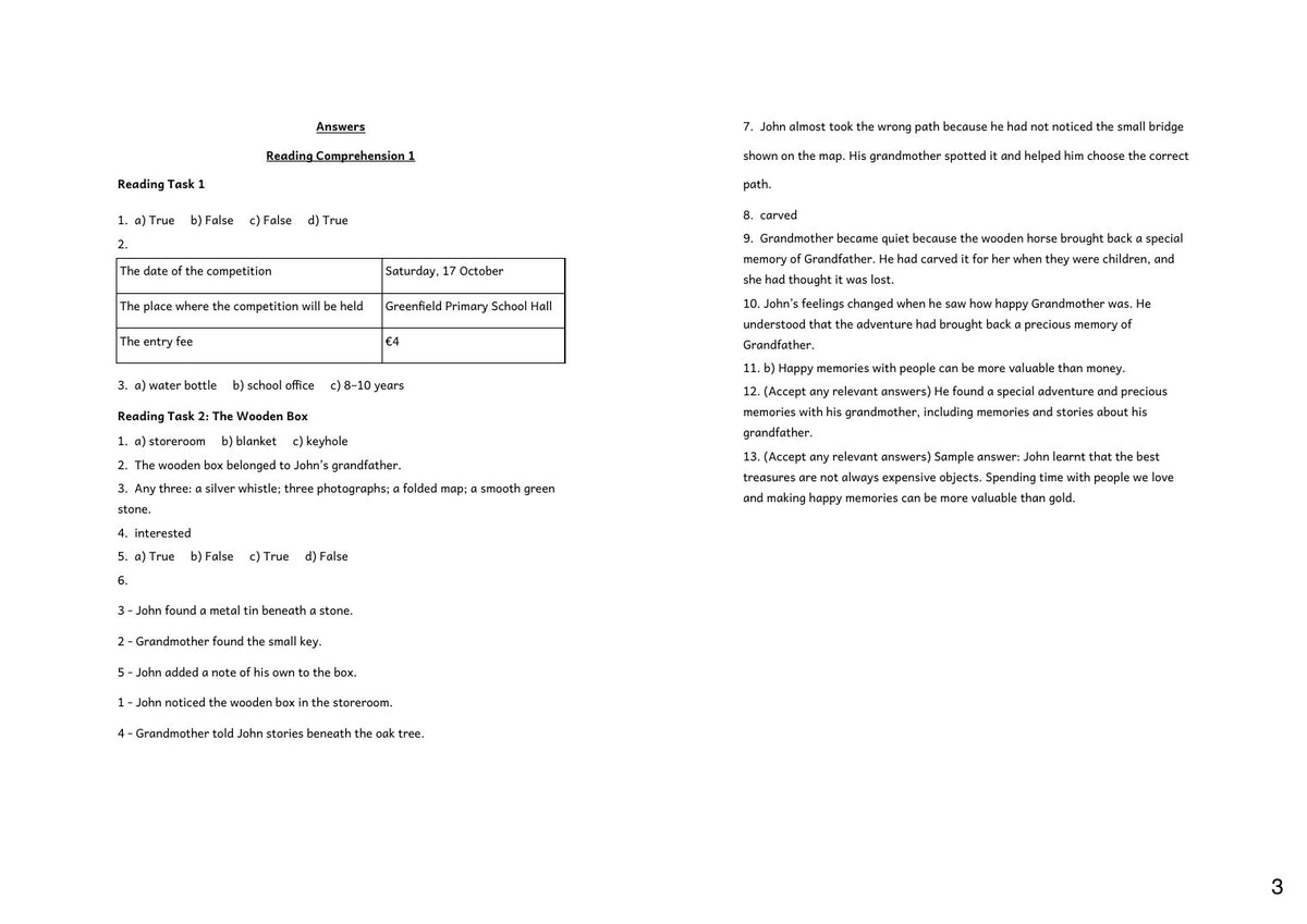 Answers: Reading Comprehension 1 answers from the separate English answer booklet (page 3)
