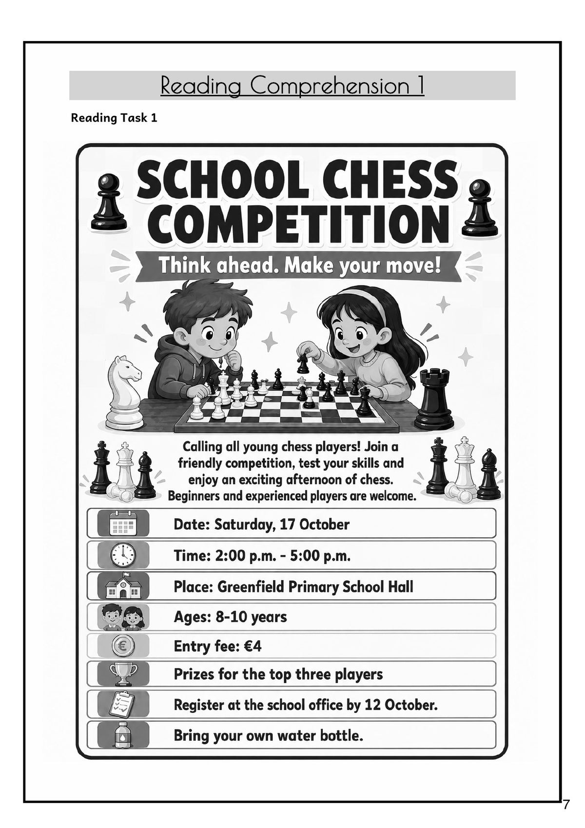 Reading Comprehension 1: the 'School Chess Competition' poster (page 7)