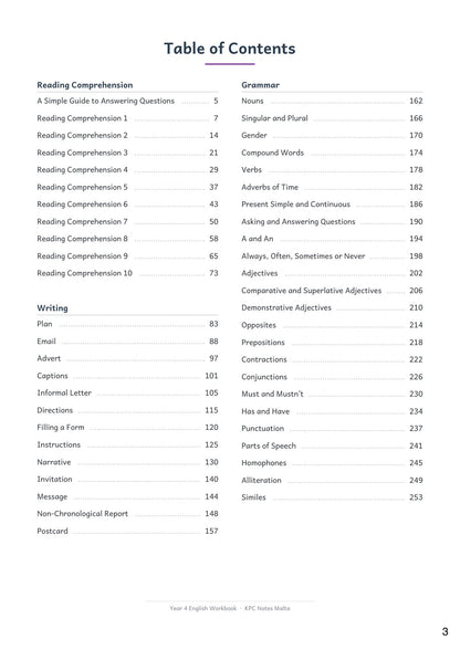 English: contents, 10 comprehensions, 12 writing types and 24 grammar topics (page 3)
