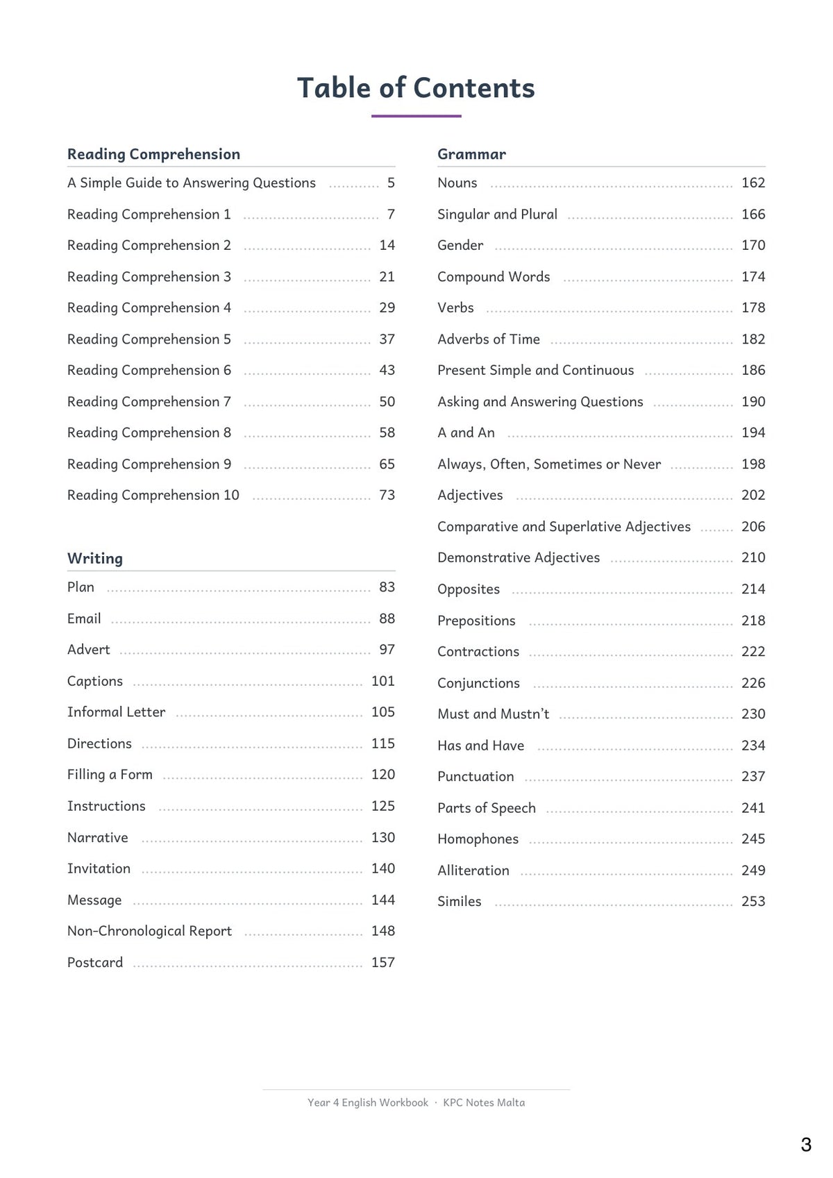 Contents: 10 comprehensions, 12 writing types and 24 grammar topics (page 3)