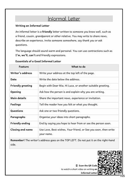 Writing: how to write an informal letter, with the essentials checklist (page 105)