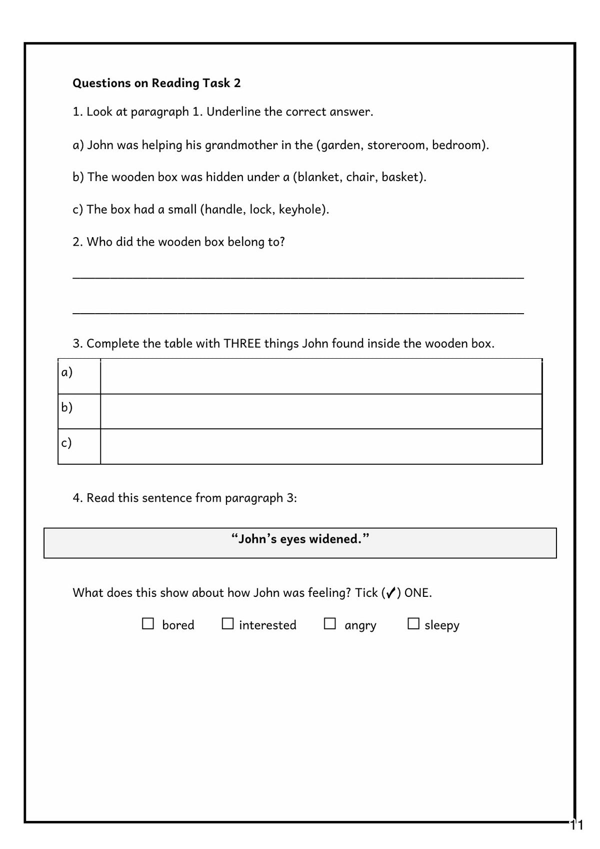 Reading Comprehension 1: questions on the story, including a feelings question (page 11)