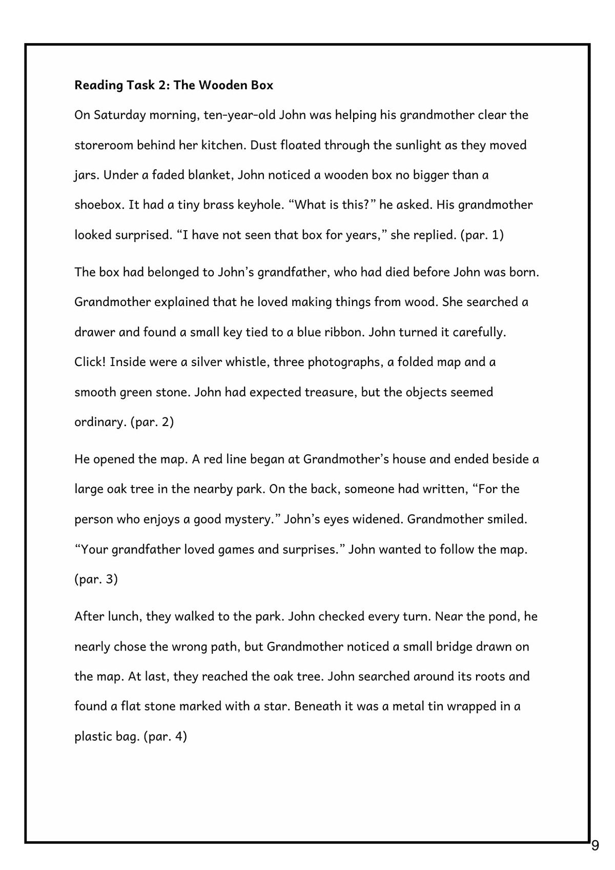 Reading Comprehension 1: the story 'The Wooden Box' (page 9)