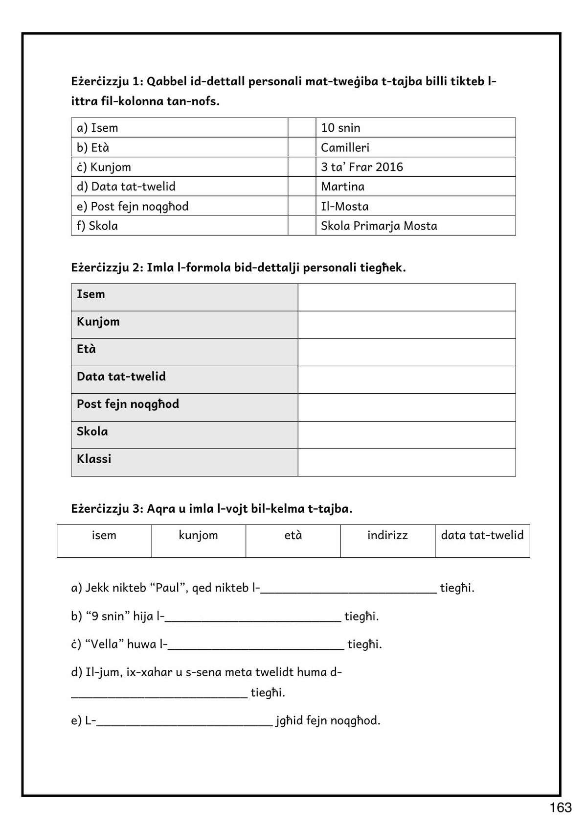 Grammatika: id-dettalji personali, b'formola x'timla (paġna 163)
