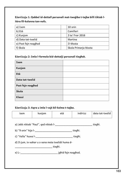 Grammatika: id-dettalji personali, b'formola x'timla (paġna 163)