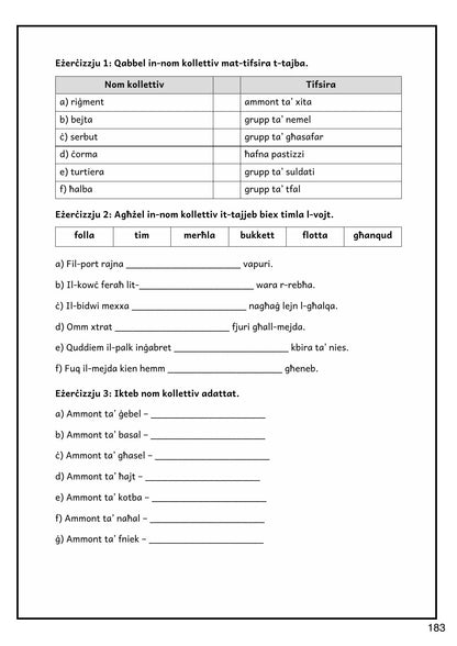 Grammatika: eżerċizzji fuq in-nomi kollettivi (paġna 183)