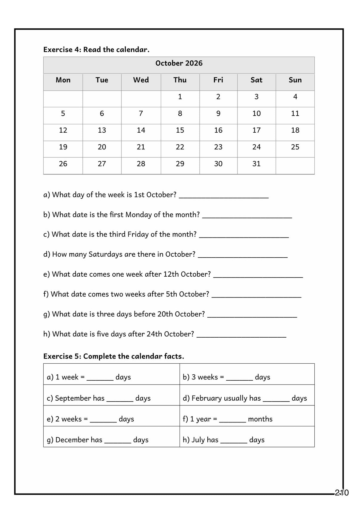 Time: reading a calendar and calendar facts (page 210)