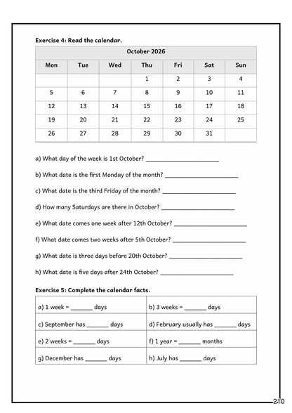 Time: reading a calendar and calendar facts (page 210)