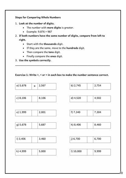 Number and Place Value: steps for comparing whole numbers, with a > < = exercise (page 10)