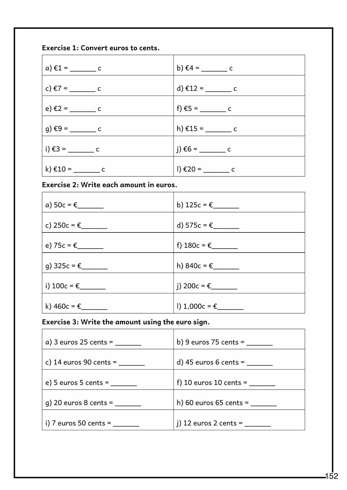 Measurement and Money: converting between euros and cents (page 152)