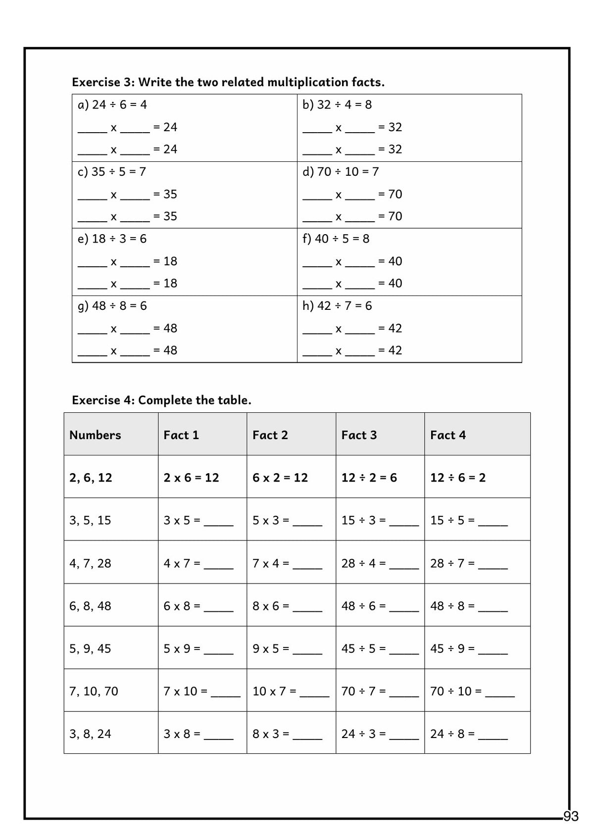 Multiplication and Division: related facts and fact families (page 93)