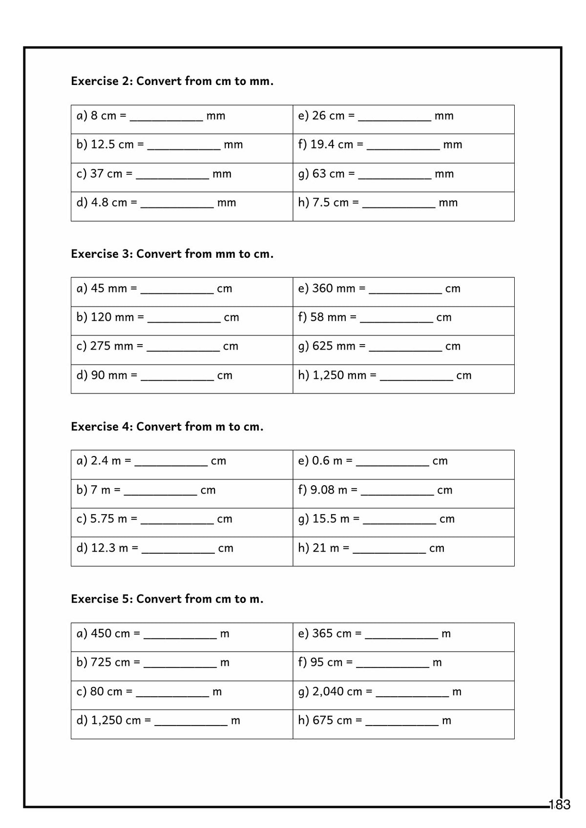 Measurement: converting between mm, cm and m (page 183)