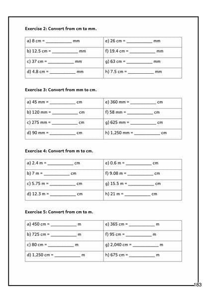 Measurement: converting between mm, cm and m (page 183)