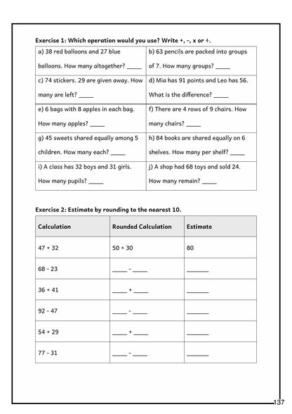 Mixed problems: choosing the operation, and estimating by rounding to the nearest 10 (page 137)