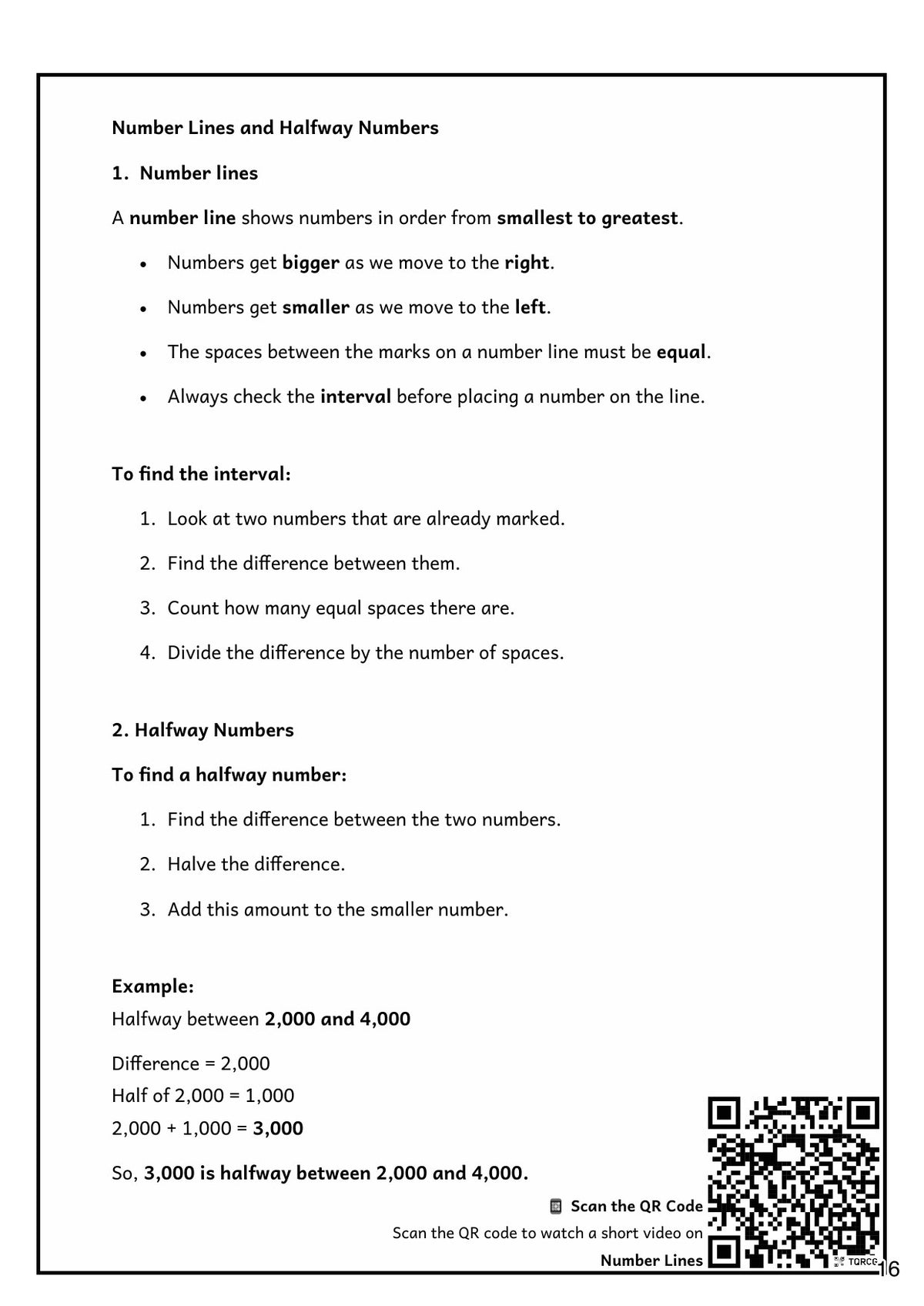 Number and Place Value: number lines and finding the halfway number, with a worked example (page 16)