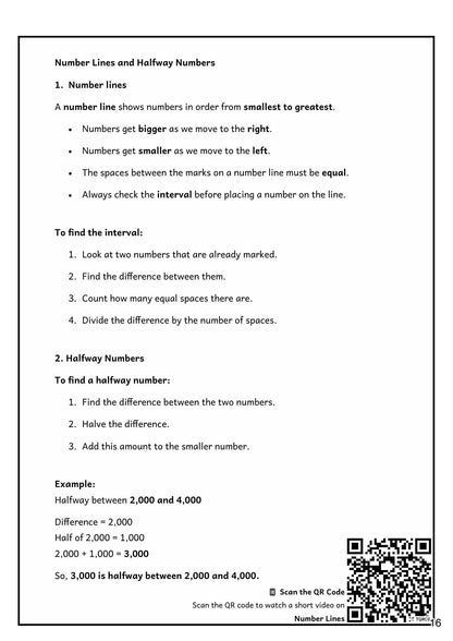 Number and Place Value: number lines and finding the halfway number, with a worked example (page 16)